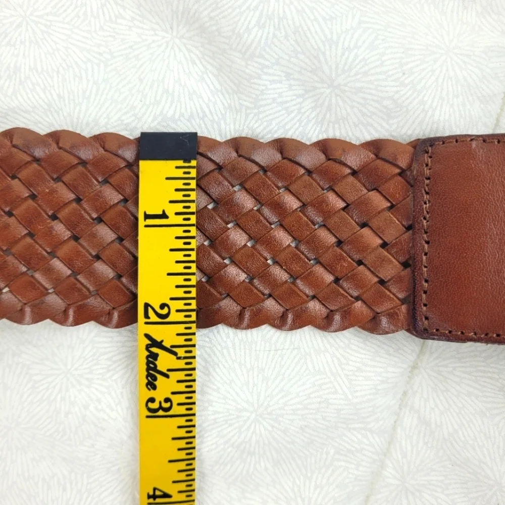 Old Navy brown woven wide leather belt artistic leather buckle boho festival S/M